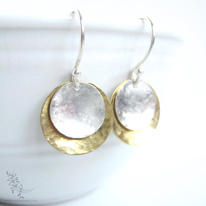Mixed Metal Brass & Sterling Silver Earrings · Hand Hammered Coin Dangle Earrings (s)