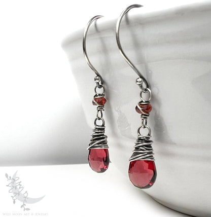 Garnet Sterling Silver Dangle Earrings · Petite Gemstone Earrings