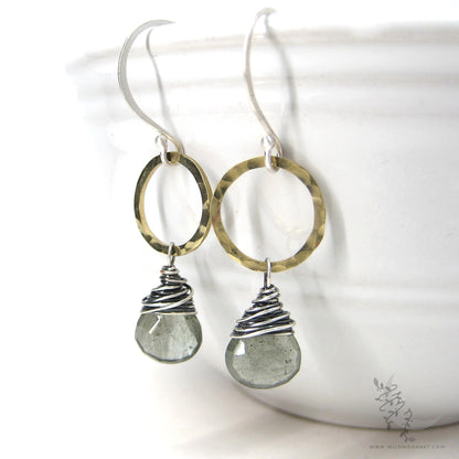Moss Aquamarine Earrings · Mixed Metal Hammered Sterling Silver & Brass Dangle Earrings