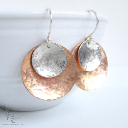 Mixed Metal Copper & Sterling Silver Earrings · Hand Hammered Coin Dangle Earrings (lg)