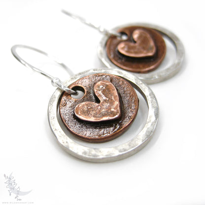 Heart Earrings · Mixed Metal Sterling Silver & Copper Hammered Valentine Rustic Dangle Earrings