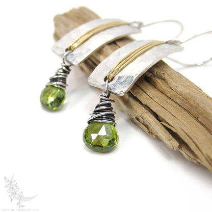 Peridot Earrings · Hammered Sterling Silver & Brass Mixed Metal Dangle Earrings
