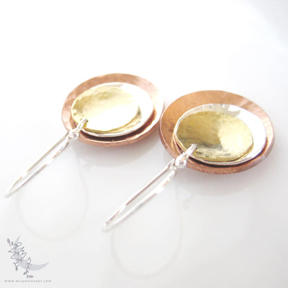 Mixed Metal Copper, Brass & Sterling Silver Earrings · Tri Tone Hammered Dangle Earrings
