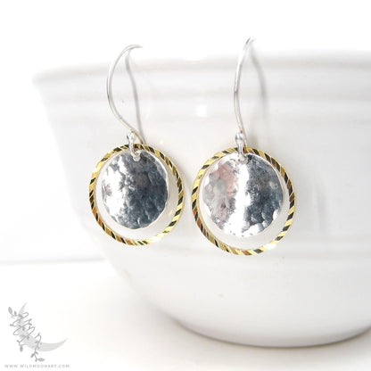 Silver & Gold Earrings · Mixed Metal Hammered Dangle Earrings