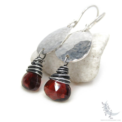 Garnet Earrings · Hammered Teardrop Sterling Silver Dangle Earrings