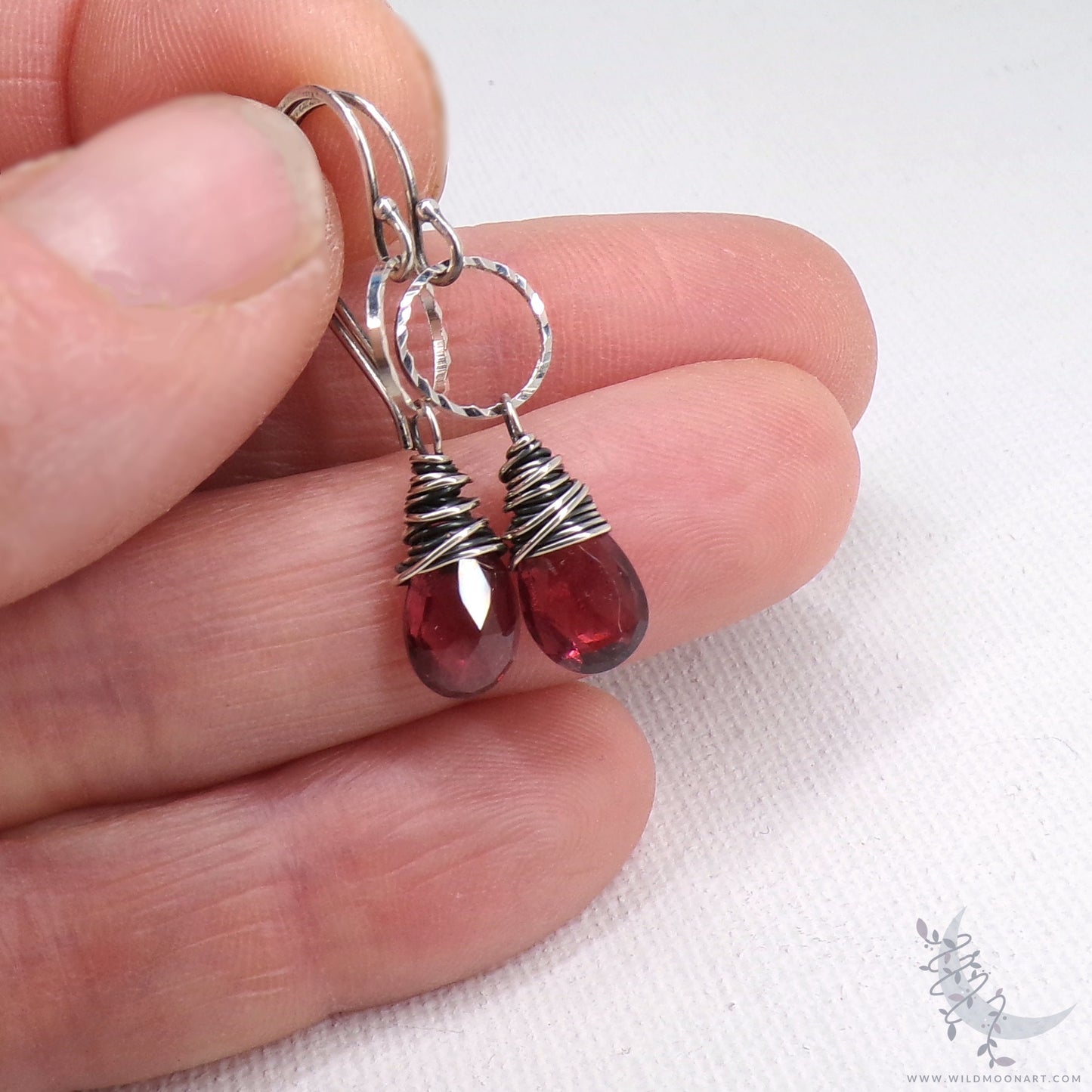 Dainty Garnet Earrings · Sterling Silver Dangle Earrings