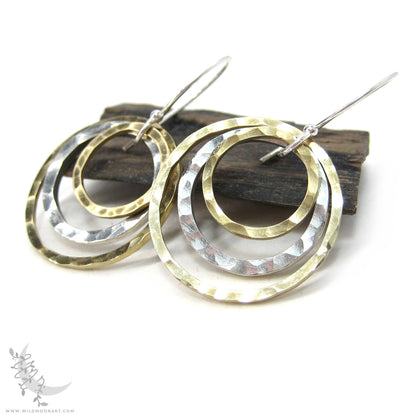 Mixed Metal Brass & Sterling Silver Earrings · Hammered Circle Dangle Earrings