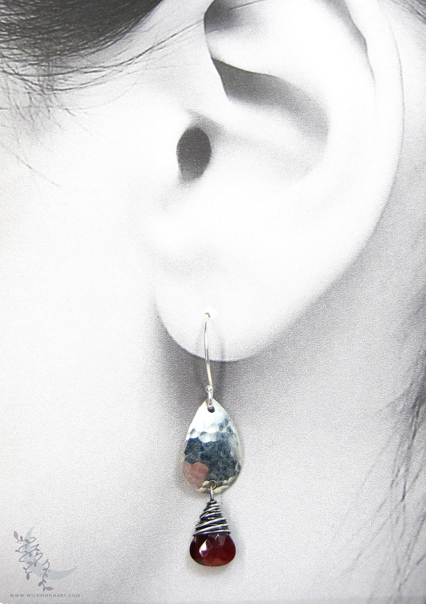 Garnet Earrings · Hammered Teardrop Sterling Silver Dangle Earrings