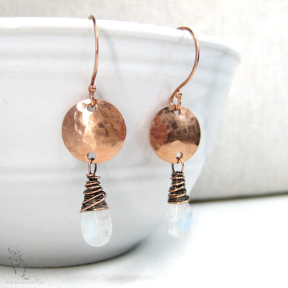 Moonstone Earrings · Hammered Copper Dangle Earrings