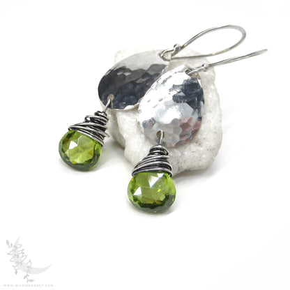 Peridot Earrings · Hammered Teardrop Sterling Silver Dangle Earrings