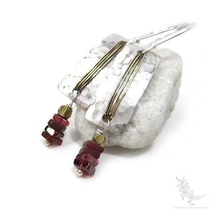 Garnet Earrings · Hammered Mixed Metal Sterling Silver & Gold Brass Rectangle Dangle Earrings