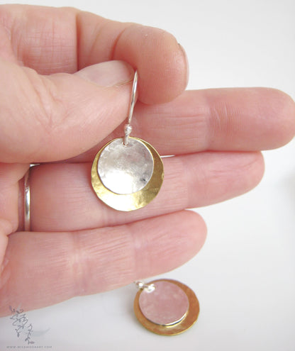 Mixed Metal Brass & Sterling Silver Earrings · Hand Hammered Coin Dangle Earrings (s)
