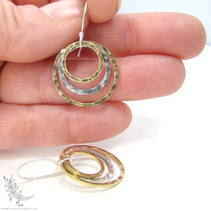 Mixed Metal Brass & Sterling Silver Earrings · Hammered Circle Dangle Earrings