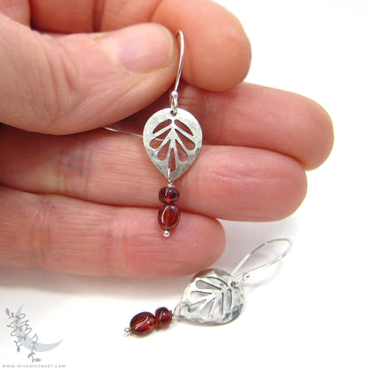 Garnet Leaf Earrings, Sterling Silver Hammered Dangle Earrings