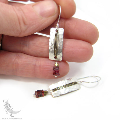 Garnet Earrings · Hammered Mixed Metal Sterling Silver & Gold Brass Rectangle Dangle Earrings