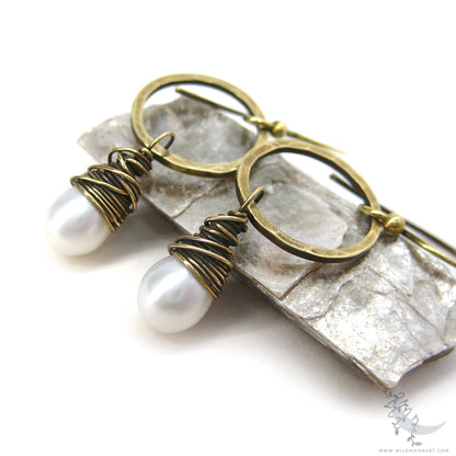 Pearl Earrings · Freshwater Pearl & Hand Hammered Brass Dangle Earrings