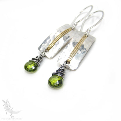 Peridot Earrings · Hammered Sterling Silver & Brass Mixed Metal Dangle Earrings