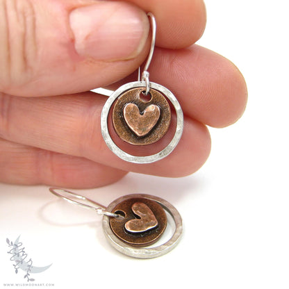 Heart Earrings · Mixed Metal Sterling Silver & Copper Hammered Valentine Rustic Dangle Earrings