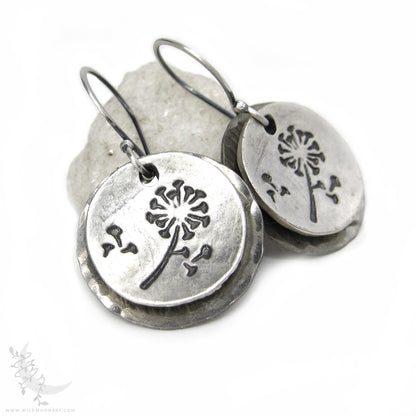 Dandelion Earrings · Hand Hammered Sterling Silver Rustic Flower Dangle Earrings