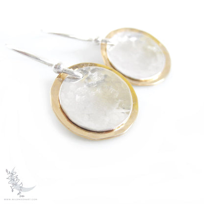 Gold & Sterling Silver Earrings · Mixed Metal Hand Hammered 14k Gold Filled Coin Dangle Earrings