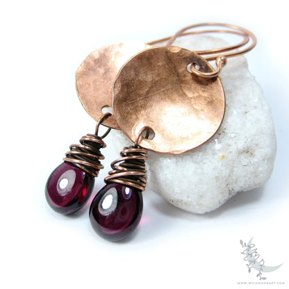 Garnet Copper Earrings · Hand Hammered Copper Dangle Earrings
