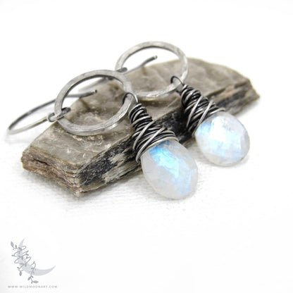 Moonstone Earrings · Hammered Sterling Silver Dangle Earrings