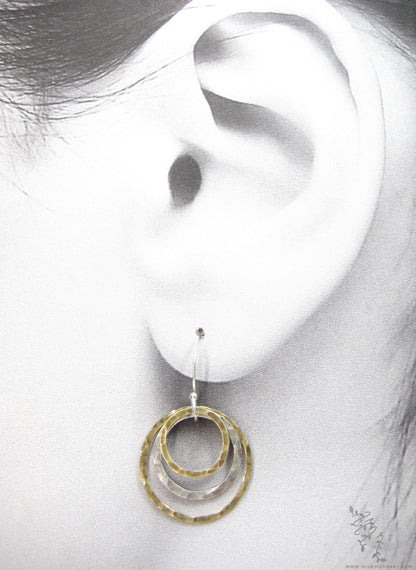 Mixed Metal Brass & Sterling Silver Earrings · Hammered Circle Dangle Earrings