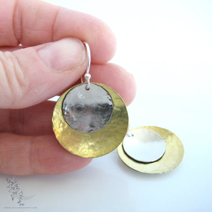Mixed Metal Brass & Sterling Silver Earrings · Hand Hammered Coin Dangle Earrings (lg)