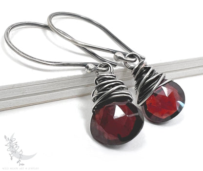 Dainty Garnet Earrings · Sterling Silver Dangle Earrings