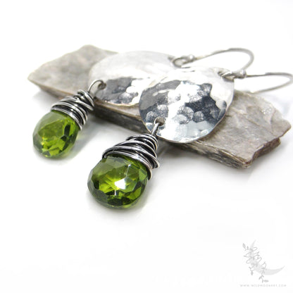 Peridot Earrings · Hammered Teardrop Sterling Silver Dangle Earrings
