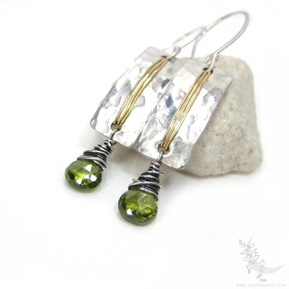 Peridot Earrings · Hammered Sterling Silver & Brass Mixed Metal Dangle Earrings