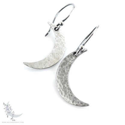 Silver Moon Earrings · Sterling Silver Handmade Hammered Crescent Moon Dangle Earrings