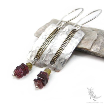 Garnet Earrings · Hammered Mixed Metal Sterling Silver & Gold Brass Rectangle Dangle Earrings