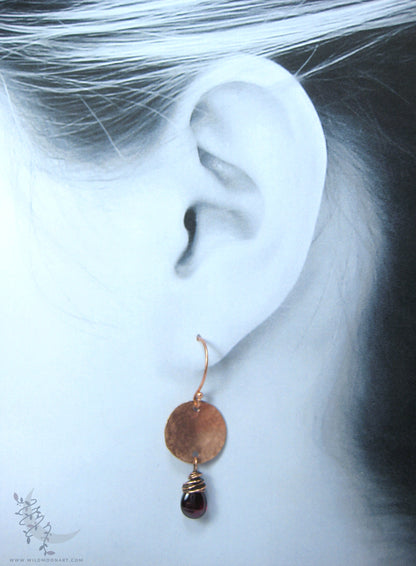 Garnet Copper Earrings · Hand Hammered Copper Dangle Earrings
