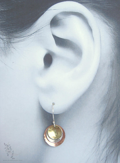 Mixed Metal Copper, Brass & Sterling Silver Earrings · Tri Tone Hammered Dangle Earrings