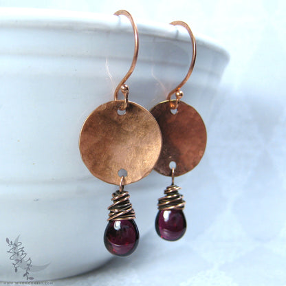 Garnet Copper Earrings · Hand Hammered Copper Dangle Earrings