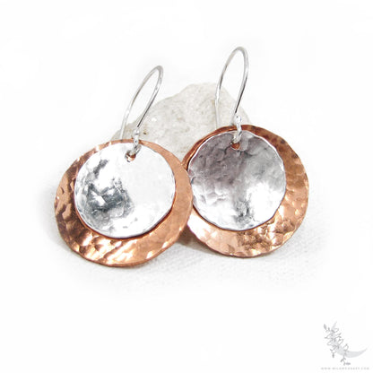 Mixed Metal Copper & Sterling Silver Earrings · Hand Hammered Coin Dangle Earrings (m)