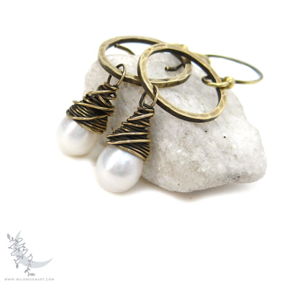 Pearl Earrings · Freshwater Pearl & Hand Hammered Brass Dangle Earrings