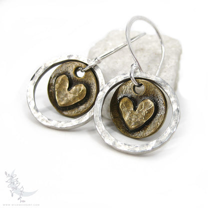 Heart Earrings · Mixed Metal Sterling Silver & Brass Hammered Rustic Valentine Dangle Earrings