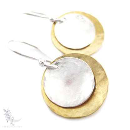 Mixed Metal Brass & Sterling Silver Earrings · Hand Hammered Coin Dangle Earrings (s)