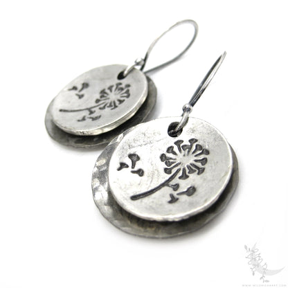 Dandelion Earrings · Hand Hammered Sterling Silver Rustic Flower Dangle Earrings