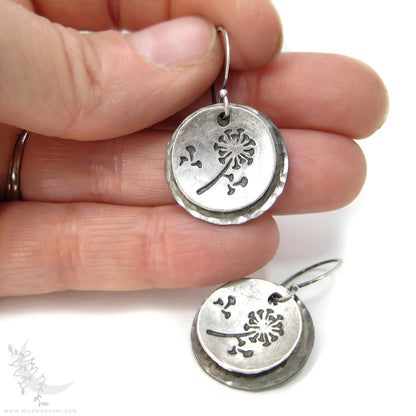 Dandelion Earrings · Hand Hammered Sterling Silver Rustic Flower Dangle Earrings