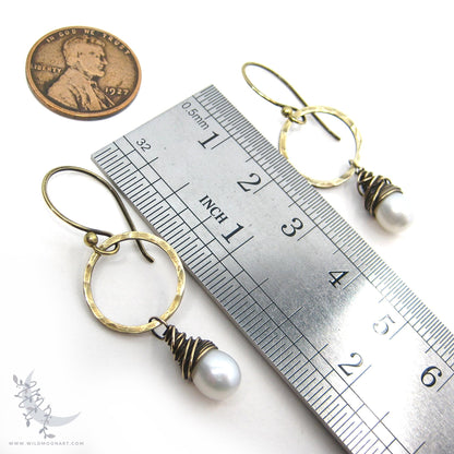 Pearl Earrings · Freshwater Pearl & Hand Hammered Brass Dangle Earrings