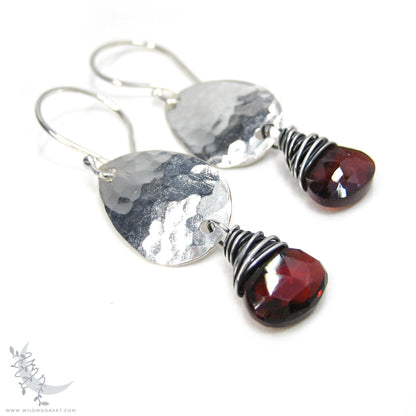 Garnet Earrings · Hammered Teardrop Sterling Silver Dangle Earrings