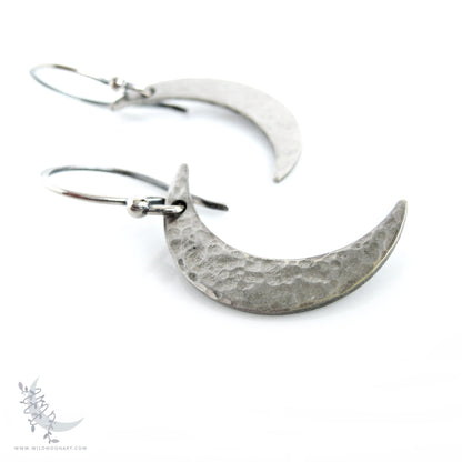 Silver Moon Earrings · Sterling Silver Handmade Hammered Crescent Moon Dangle Earrings