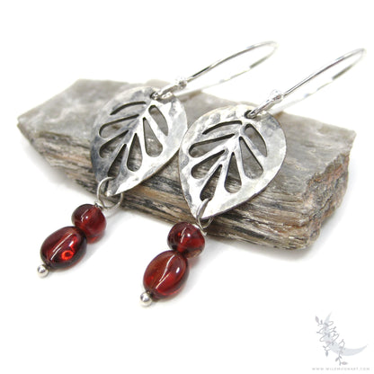 Garnet Leaf Earrings, Sterling Silver Hammered Dangle Earrings
