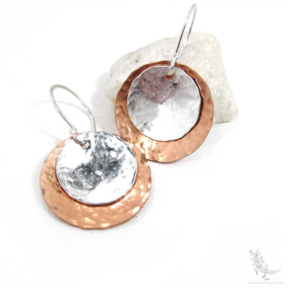 Mixed Metal Copper & Sterling Silver Earrings · Hand Hammered Coin Dangle Earrings (m)