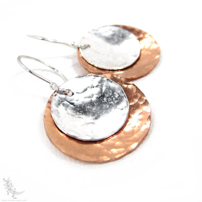 Mixed Metal Copper & Sterling Silver Earrings · Hand Hammered Coin Dangle Earrings (m)
