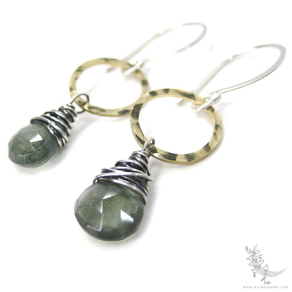 Moss Aquamarine Earrings · Mixed Metal Hammered Sterling Silver & Brass Dangle Earrings