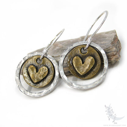 Heart Earrings · Mixed Metal Sterling Silver & Brass Hammered Rustic Valentine Dangle Earrings